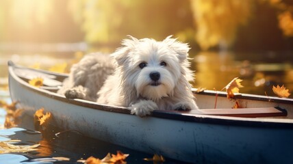 Cute dog sitting boat in canoe river water picture