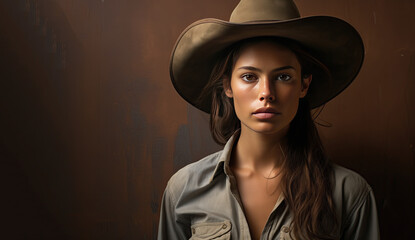 Beautiful Cowgirl on a Brown Background with Space for Copy