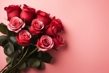 Red Roses Bouquet on Pastel Red Background for Valentines Day, Birthday, Womens Day