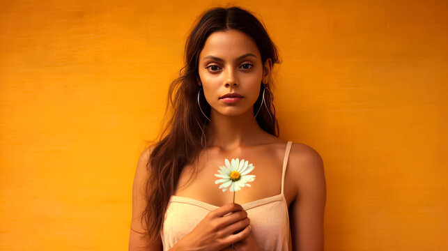 Radiant image of a Latin girl holding a chamomile against a vibrant yellow background.