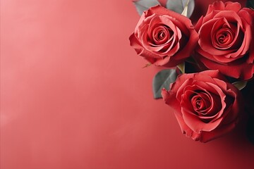 Red roses bouquet on pastel red background, Valentines Day, Birthday, Womens Day, Mothers Day