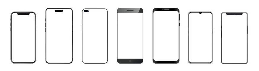 Realistic models smartphone. Mobile phone display, device screen frame and black smartphones vector