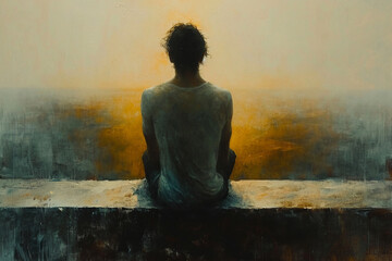 Obraz premium A minimalist oil painting featuring a contemplative man in muted tones, capturing the essence of solitude against a plain background, creating a serene.