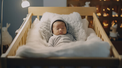 portrait of a charming sleeping baby with a cute teddy bear on a comfortable bed.