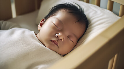 portrait of a charming sleeping baby with a cute teddy bear on a comfortable bed.