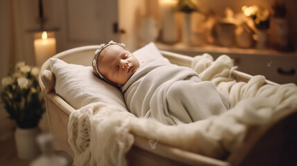 Adorable image of a sleeping newborn baby boy in a child bed.