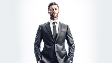 Fototapeta premium Confident portrait of a handsome Caucasian man in a formal suit, smiling with a toothy smile.