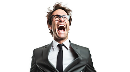 Dynamic shot of an attractive blond man celebrating by jumping and raising his fist overhead.