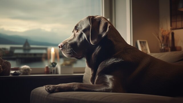 Cute black Labrador dog sitting living room sofa pictures