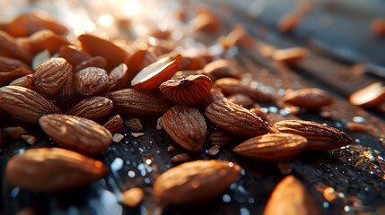Almond nuts on a wooden table. Selective focus and shallow depth of field.