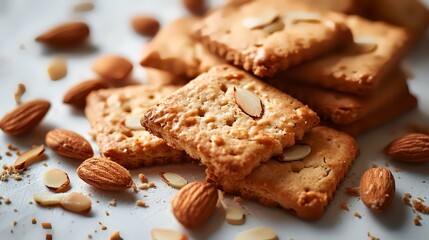 Almond cookies with almonds on a white background, close-up