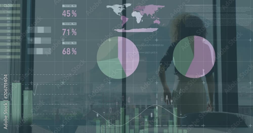 Wall mural Animation of financial data processing over african american businesswoman looking through window