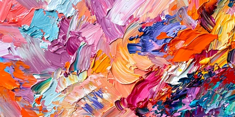 Gordijnen Uma imagem de close-up impactante de uma grande tela preenchida com pinceladas ousadas e vibrantes, mostrando a natureza expressiva e espontânea da arte abstrata. © Alexandre