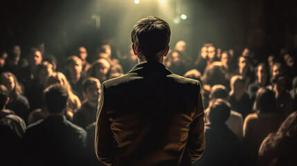 Confident businessman addressing a large audience with authority.