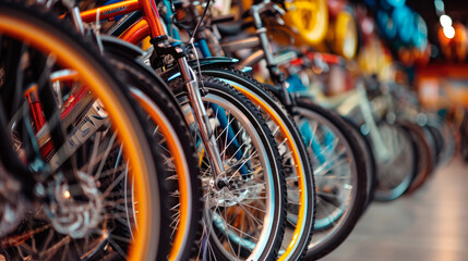 Close-up of a row of different bicycles in a store, Selective focus, copy space - Powered by Adobe