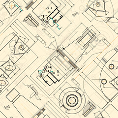 Mechanical engineering drawings on sepia background. Tap tools, borer. Technical Design. Cover. Blueprint. Seamless pattern. Vector illustration.