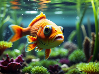 The fish swims in the habitat, against a backdrop of various vegetation