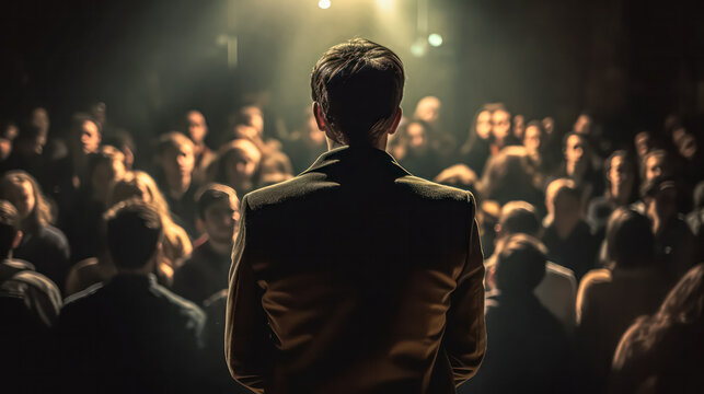 Confident businessman addressing a large audience with authority.