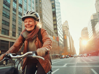 Cropped shot of cheerful senior woman in helmet riding bicycle alone on street