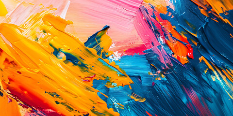 Uma imagem de close-up impactante de uma grande tela preenchida com pinceladas ousadas e vibrantes, mostrando a natureza expressiva e espontânea da arte abstrata.