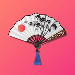 Illustration of a Japanese fan with a traditional sun motif and a bamboo grove.