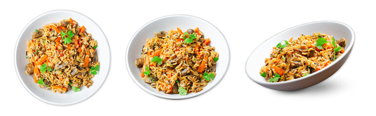 Wild Rice with Mushrooms, Asian Style Vegetarian Meal in a Bowl on White Background
