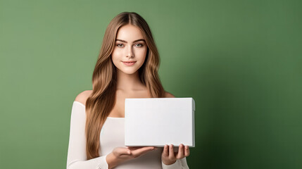 Naklejka premium A beautiful girl holds a chic white cardboard box in a studio with a light background