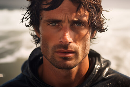 a man in her 30s surfing at nazaret, face front closeup, black hairs, bronw eyes