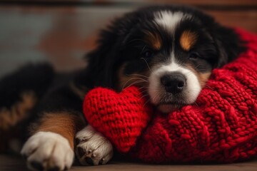 little sleeping Bernese Mountain Dog puppy with knitted heart in paws. Saint Valentine.