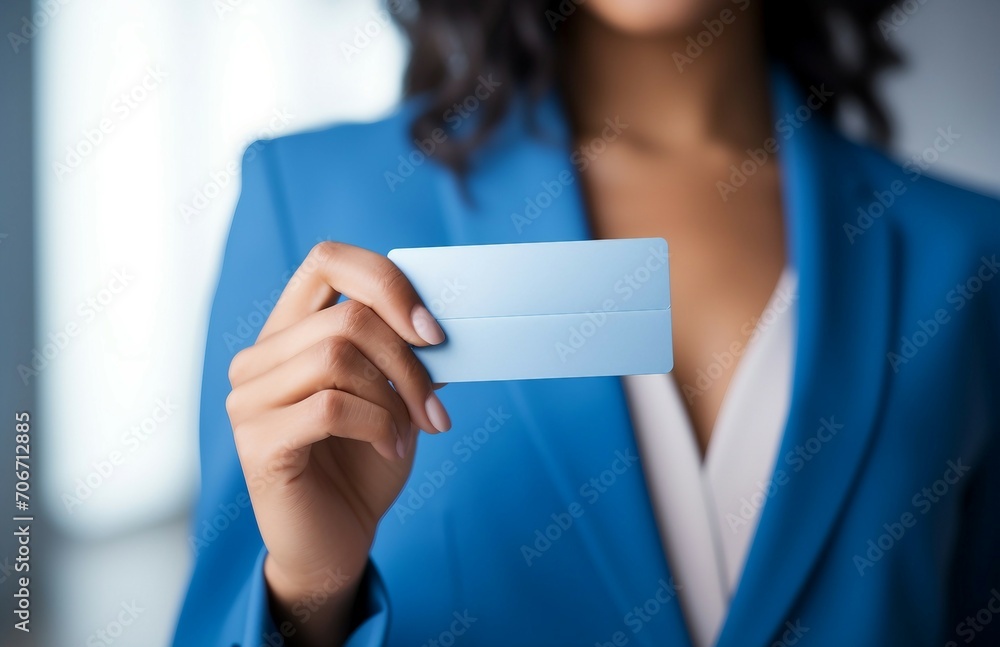 Poster A woman holding a business card, a packet of business cards