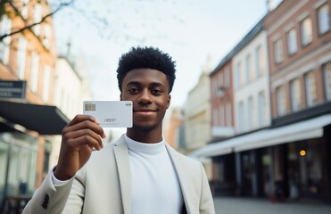 A man holding a business card, a packet of business cards