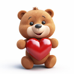 3d realistic cute teddy bear with a big red heart. A romantic gift for Valentine's Day or a love greeting.