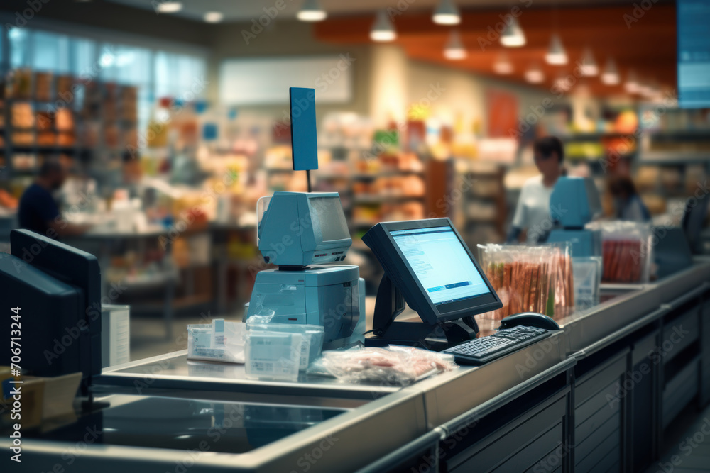 Poster a cashier efficiently scanning items at a checkout counter, illustrating the speed of retail transac