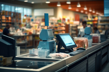 A cashier efficiently scanning items at a checkout counter, illustrating the speed of retail transactions. Concept of rapid customer service. Generative Ai. - obrazy, fototapety, plakaty