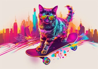 Cat in Sunglasses Skateboarding - Cool Feline on Wheels