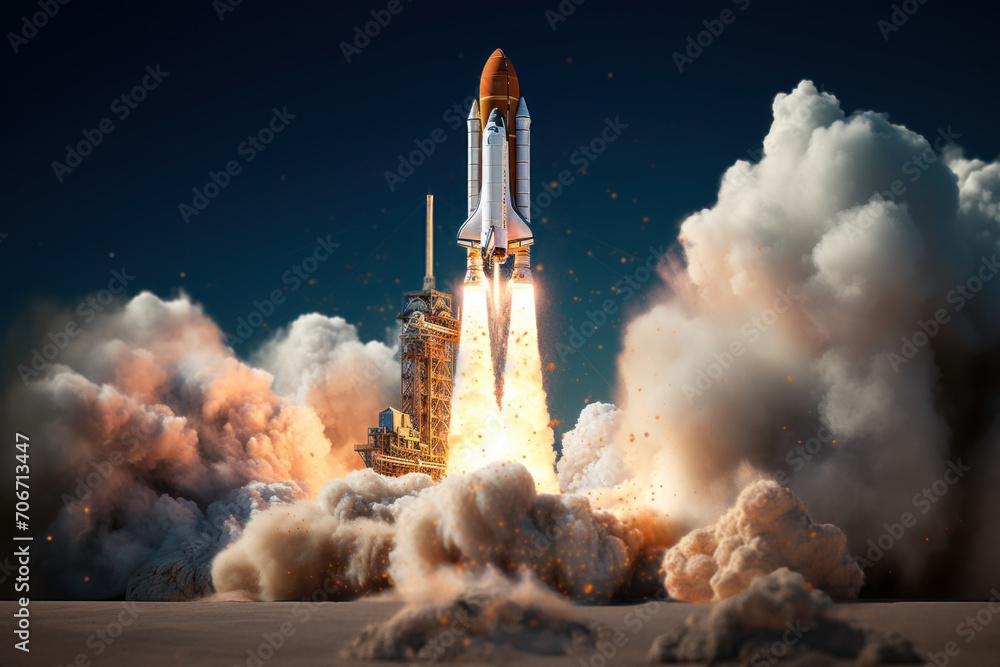 Poster a rocket launching into space with tremendous speed, symbolizing the propulsion and velocity of spac