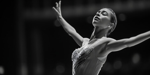 Fotografia íntima em preto e branco capturando a emoção de uma bailarina durante a performance, demonstrando elegância e movimento. - obrazy, fototapety, plakaty