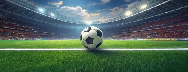 Soccer ball on a green field. Vibrant pitch, global passion for the sport. The vast stadium with electric atmosphere, ready for a match that ignites the spirit of fans and players alike.