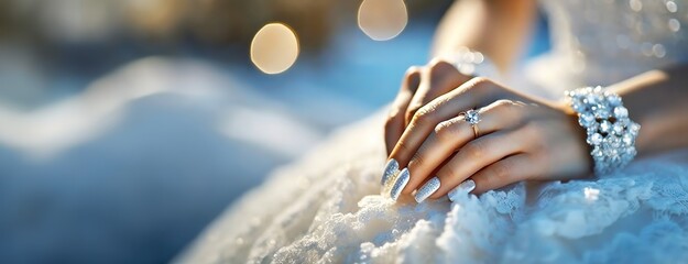 The bride's hands are delicately poised on her lap, adorned with fine jewelry and the intricate lace of her wedding gown. Elegance of the moment, reflecting the joy and solemnity of the wedding day. - obrazy, fototapety, plakaty