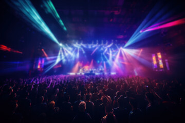 A concert venue illuminated by colorful stage lights, showcasing the electrifying atmosphere of live music performances. Concept of musical energy. Generative Ai.