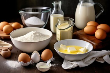 Fototapeta na wymiar Preparing batter for crêpes, blinis, pancakes. Ingredients on a table: butter, eggs, flour, milk, sugar, salt. Generative AI