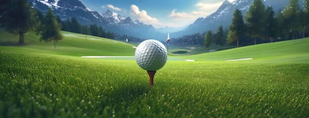 Golf ball on tee with mountain backdrop. The background reveals a beautifully manicured golf course with a challenging layout, nestled among rolling green hills under a serene sky. - obrazy, fototapety, plakaty