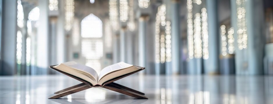 Quran in a tranquil mosque setting. An open Coran holy book with sunlight streaming through windows, peaceful and contemplative space for devotion during Ramadan. Sacred month of Eid al-Fitr.