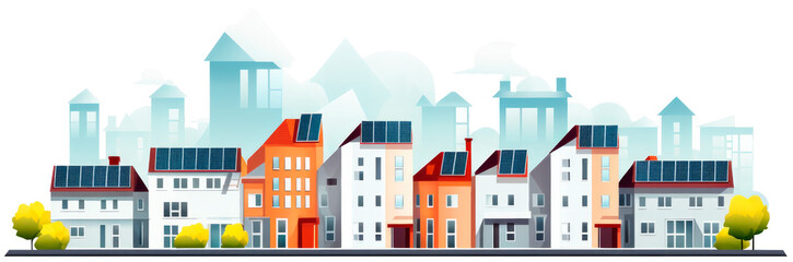 Solar-powered residential street. Colorful row of houses with solar panels.