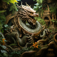 Wooden chinese dragon statue in temple. Dragon in jungle. - obrazy, fototapety, plakaty