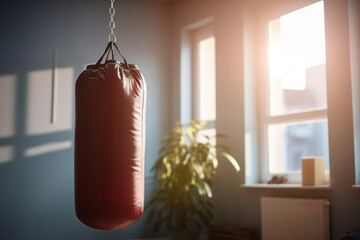 Red punching bag hanging in room. Sport, active lifestyle and healthy concepts. Kickboxing, Muay Thai, Taekwondo, sport fitness activities equipment - obrazy, fototapety, plakaty