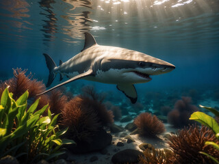 a shark swimming in its natural habitat, against a background of various vegetation