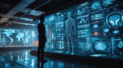 A person standing next to their digital twin, displayed on a large, transparent futuristic screen, with health stats and treatment recommendations visible around the digital figure