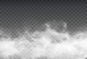 The image depicts various atmospheric phenomena such as fog, smoke, mist, and steam. The realistic 3D vector mockup shows a perspective view of white smog clouds. - obrazy, fototapety, plakaty