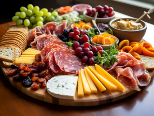 Charcuterie board and cheese platter with assorted cheese, sliced cured meat, grape, crackers, nuts and other snacks. Appetizers platter on a kitchen table in front of a window - obrazy, fototapety, plakaty